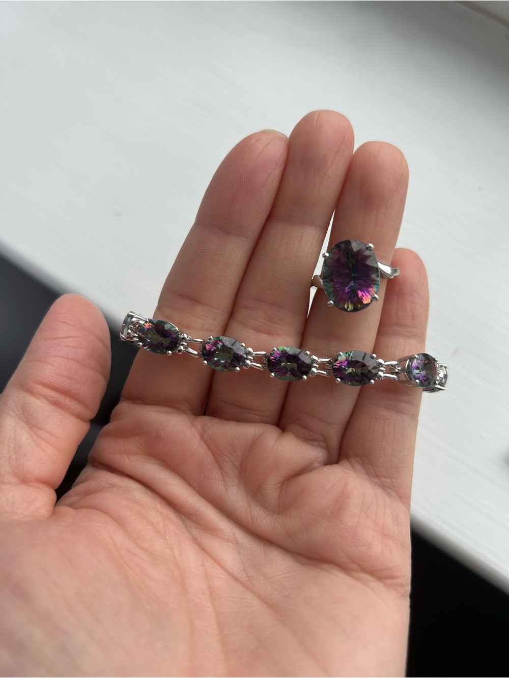 Mystic Topaz Oval and 14K white gold ring and bracelet set